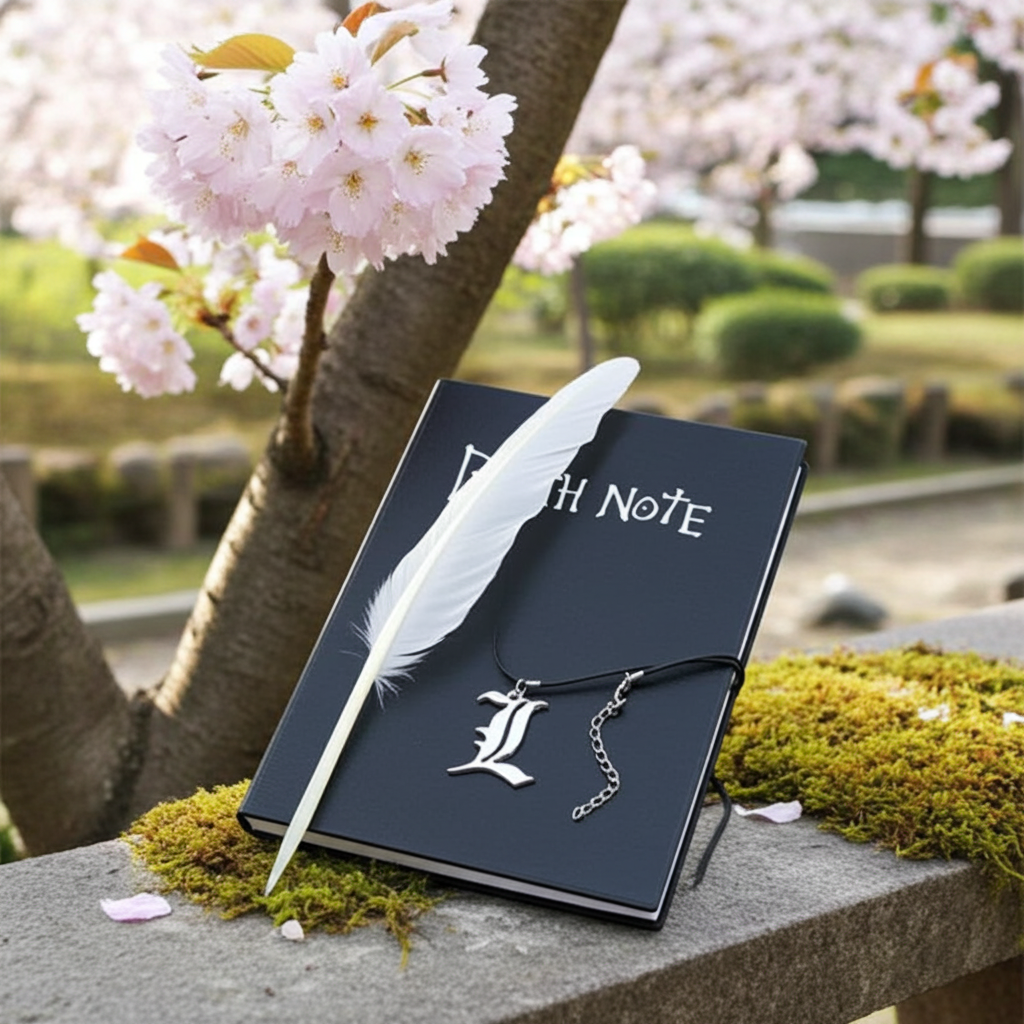 Ensemble carnet d'anime : carnet en cuir, collier et stylo plume