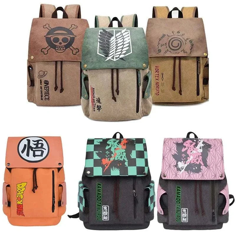 Sac à dos anime grand format avec illustrations One Piece, Naruto, Attack on Titan et Demon Slayer, cartable toile officiel Bandai pour étudiants et fans manga