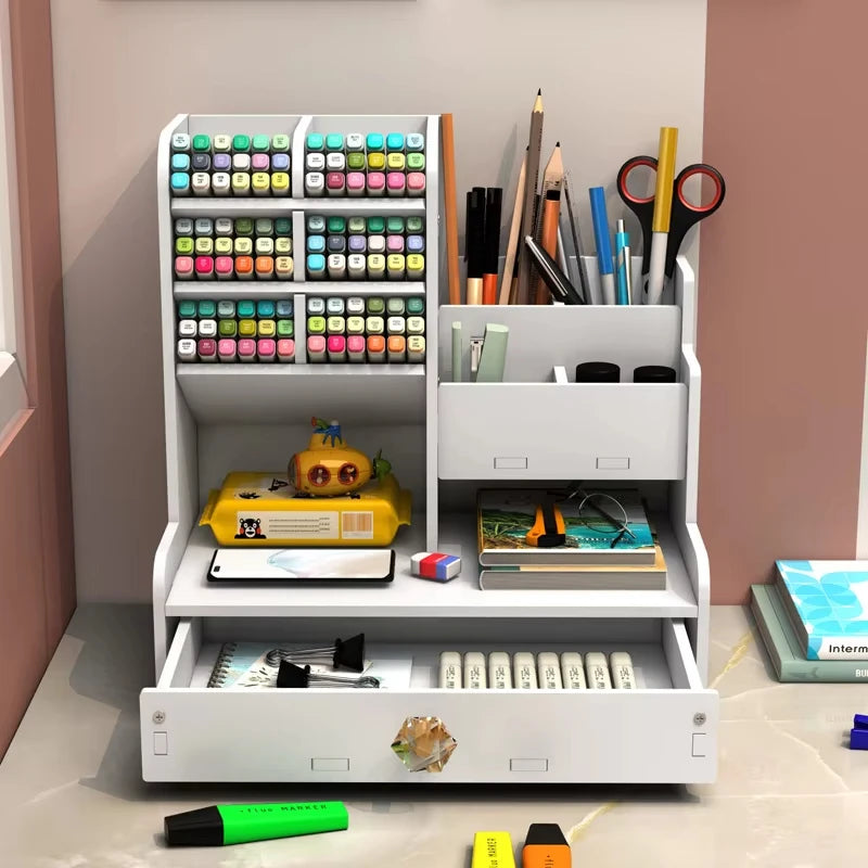 Porte-stylos et crayons en bois, organisateur de bureau avec étagères, accessoires de rangement pour bureau, bibliothèque et bureau à domicile