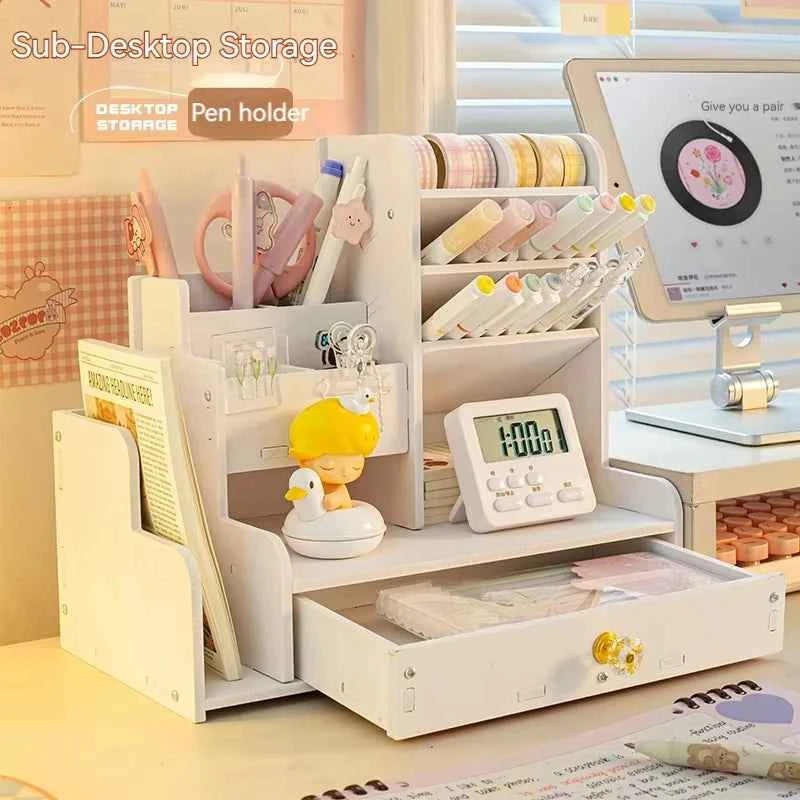 Porte-stylos et crayons en bois, organisateur de bureau avec étagères, accessoires de rangement pour bureau, bibliothèque et bureau à domicile