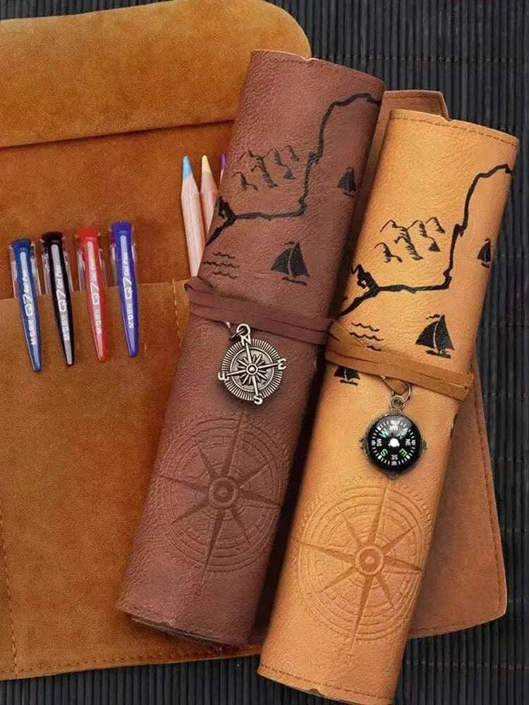 Trousse à crayons enroulable vintage « Carte au trésor » – Étui en cuir
