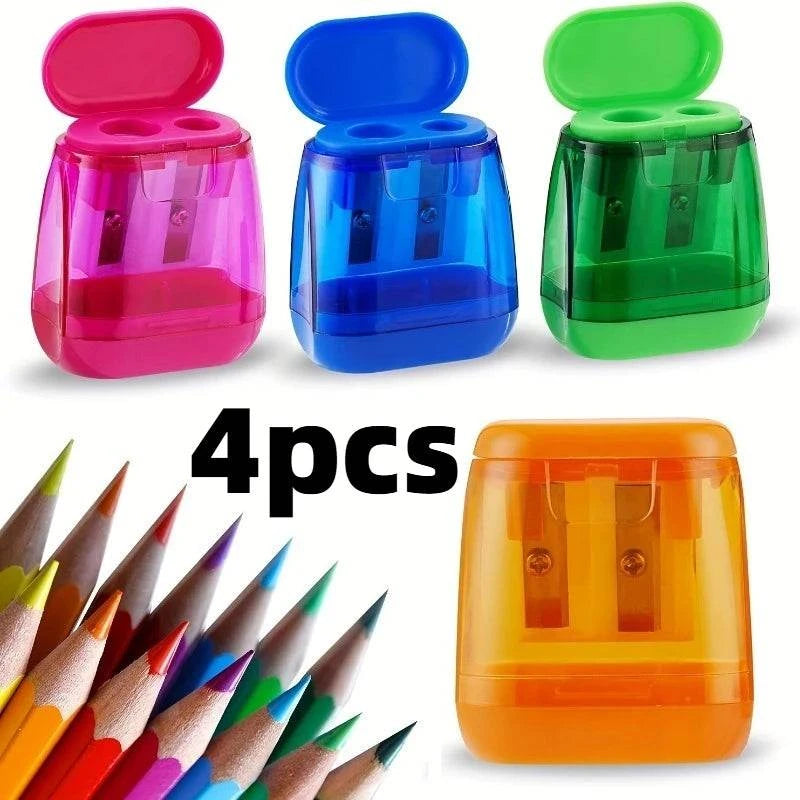 Lot de 4 taille-crayons double trou en plastique transparent coloré, design géométrique pratique.