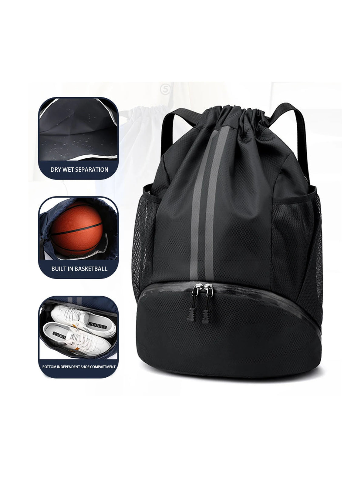 Sac de basketball, sac de natation, sac de rangement femme à séparation sec/humide, sac à dos à cordon pour entraînement