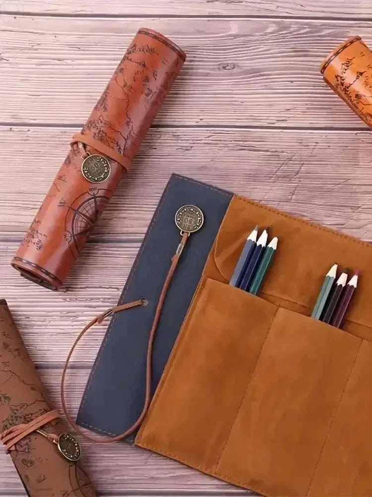 Trousse à crayons enroulable vintage « Carte au trésor » – Étui en cuir