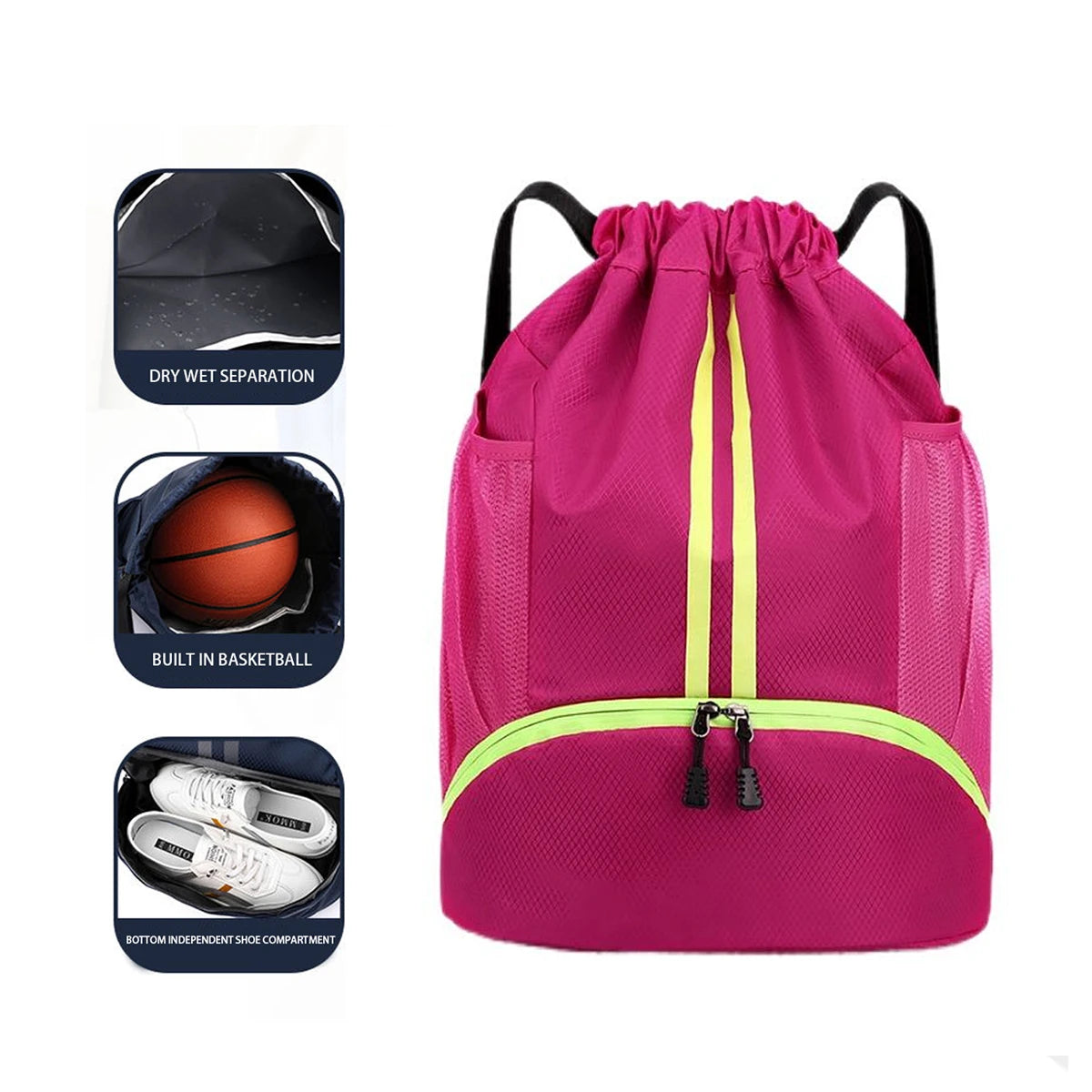 Sac de basketball, sac de natation, sac de rangement femme à séparation sec/humide, sac à dos à cordon pour entraînement
