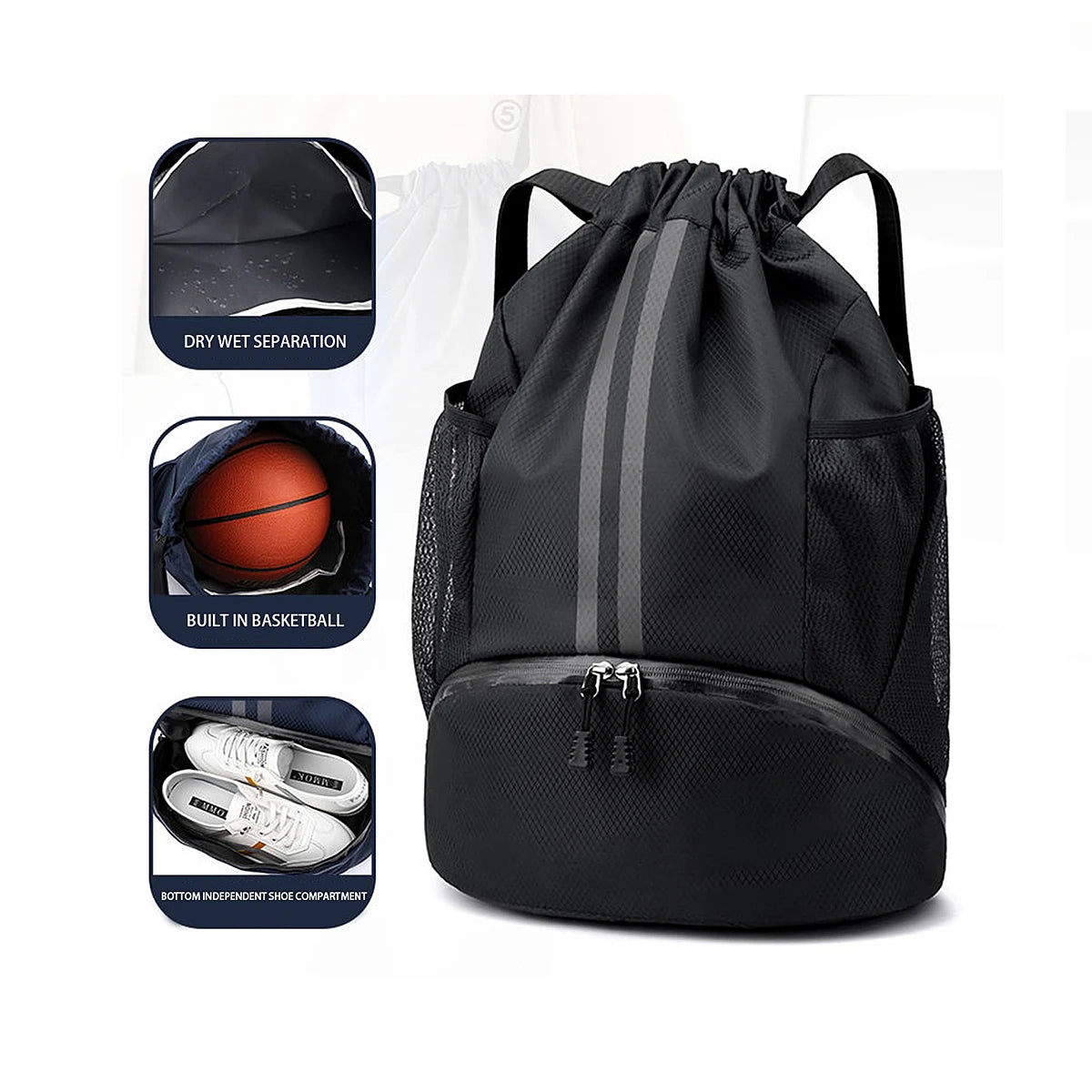 Sac de basketball, sac de natation, sac de rangement femme à séparation sec/humide, sac à dos à cordon pour entraînement