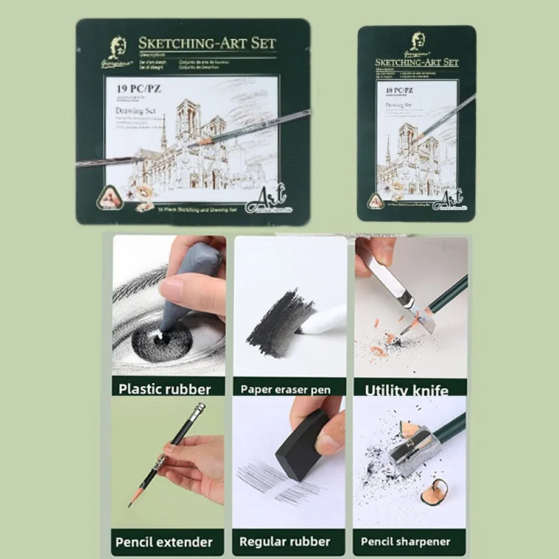 Ensemble de crayons de dessin (10, 12 ou 19 pièces) – Crayons à esquisse, graphite et fusain