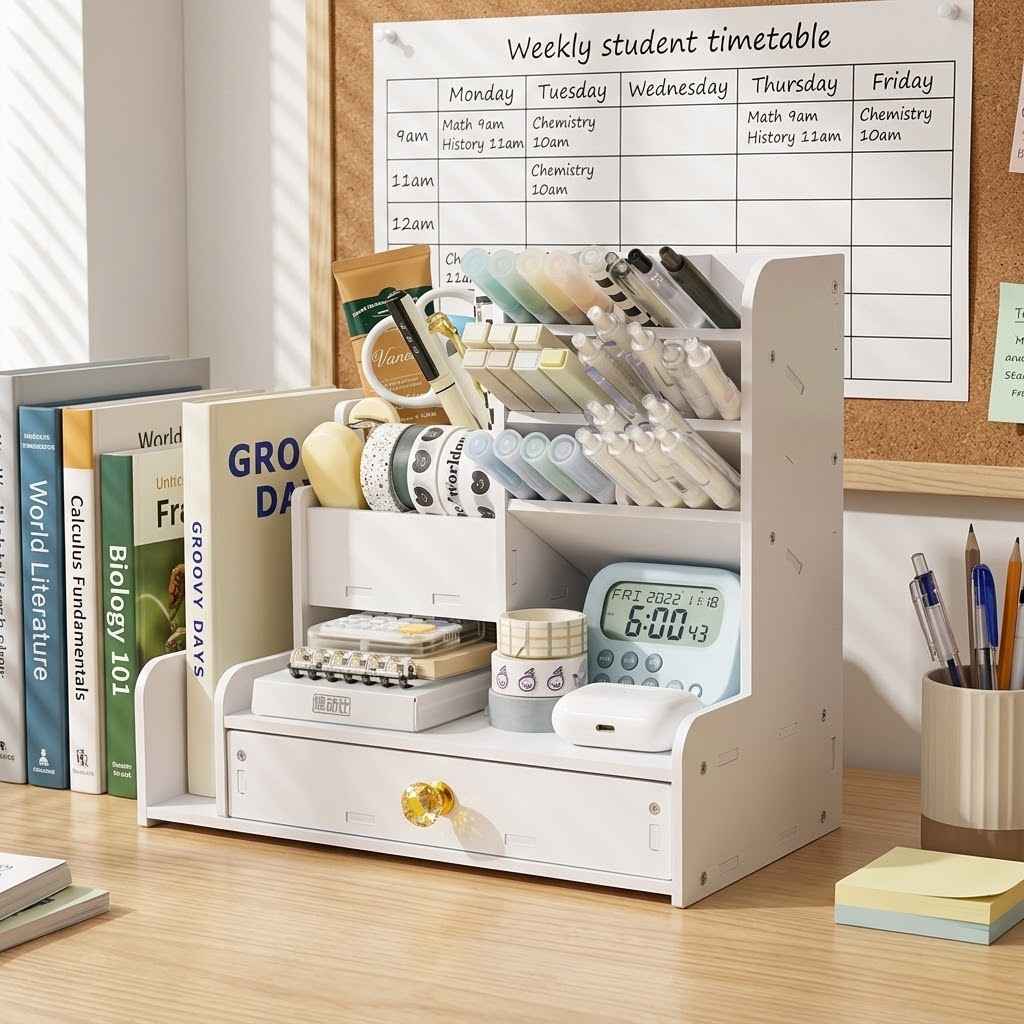 Porte-stylos et crayons en bois, organisateur de bureau avec étagères, accessoires de rangement pour bureau, bibliothèque et bureau à domicile