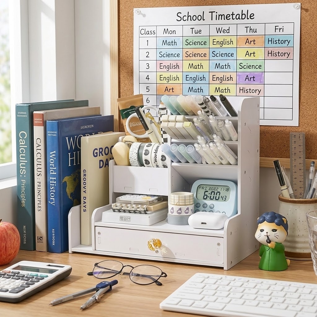 Porte-stylos et crayons en bois, organisateur de bureau avec étagères, accessoires de rangement pour bureau, bibliothèque et bureau à domicile