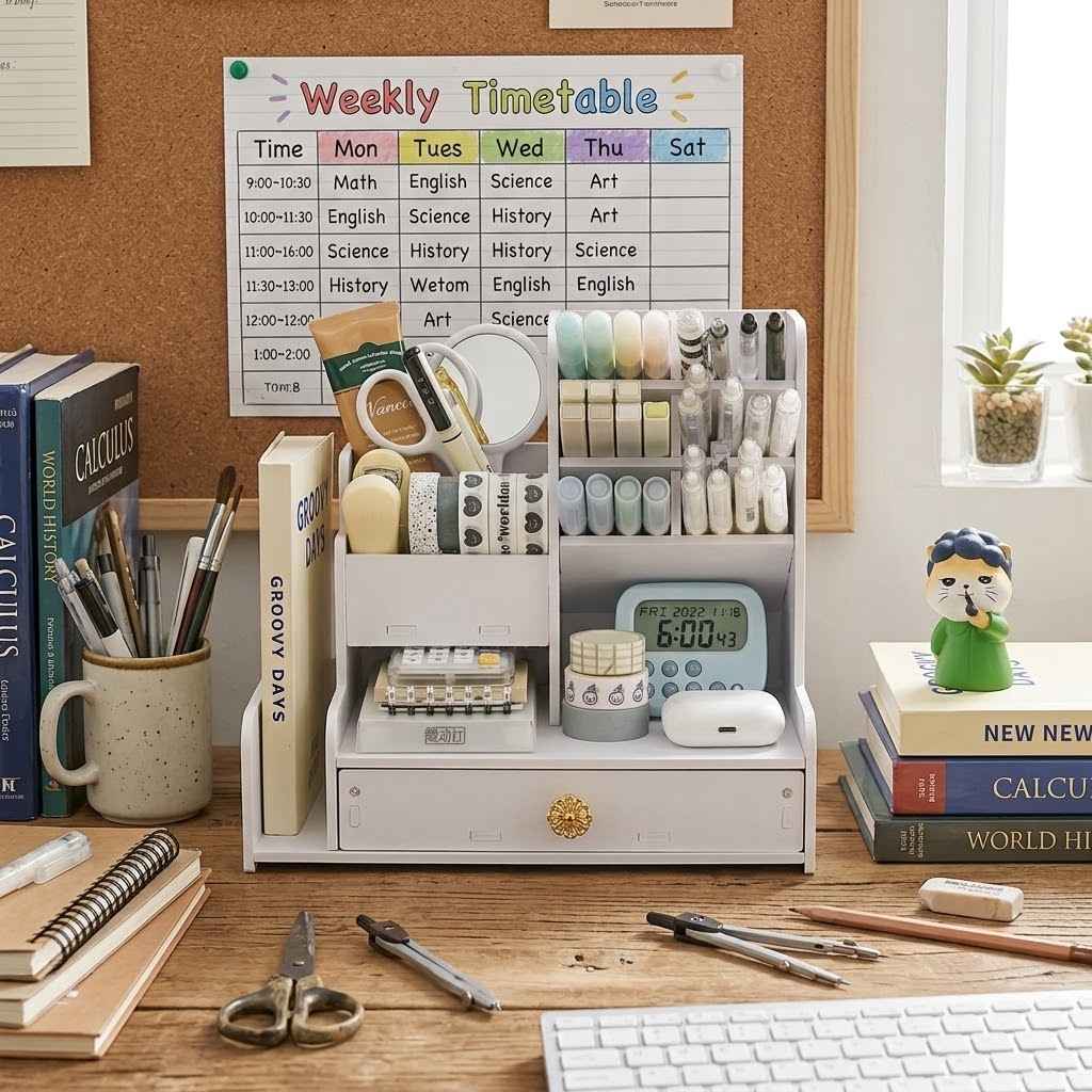 Porte-stylos et crayons en bois, organisateur de bureau avec étagères, accessoires de rangement pour bureau, bibliothèque et bureau à domicile