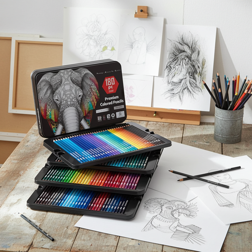 Coffret de 180 crayons de couleur  – Crayons à base d'huile non toxiques pour le dessin d'art, l'esquisse et le coloriage