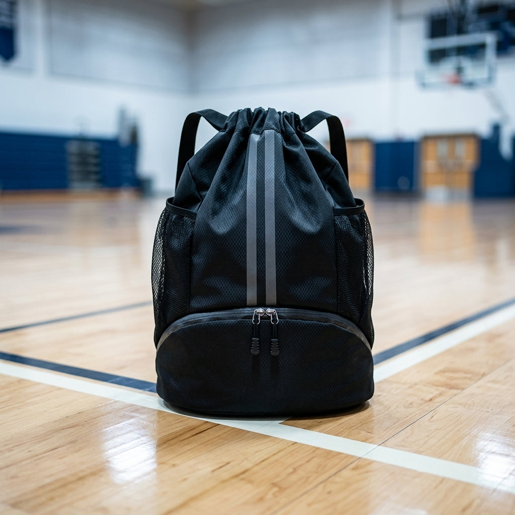 Drawstring sports backpack — Gym floor lifestyle | Generated by Modelize